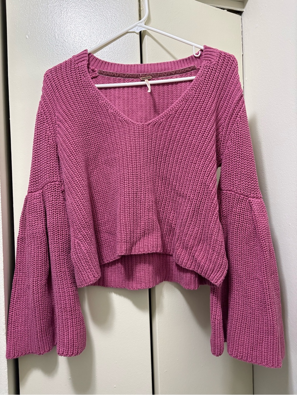 Free People Pink V-Neck Bell Sleeve Knit Sweater